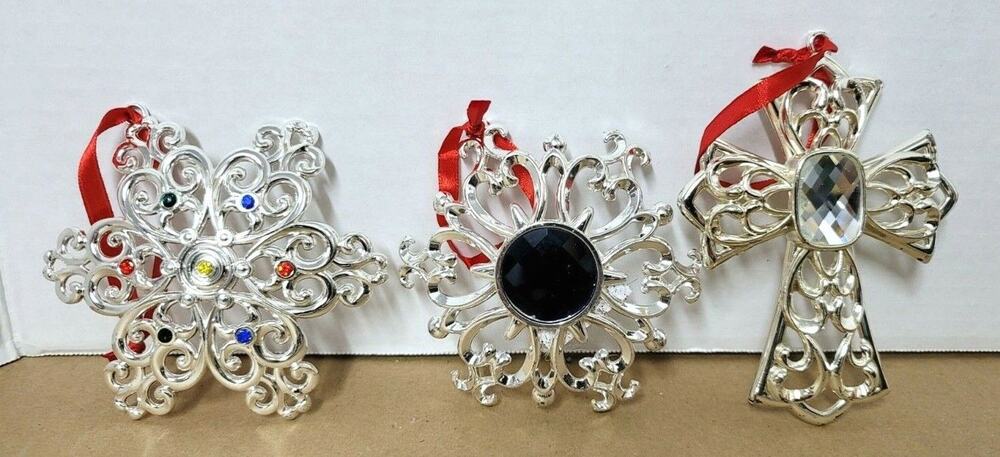 Set of 3 Lenox Silver Metal Jeweled Christmas Ornament Cross Snowflakes